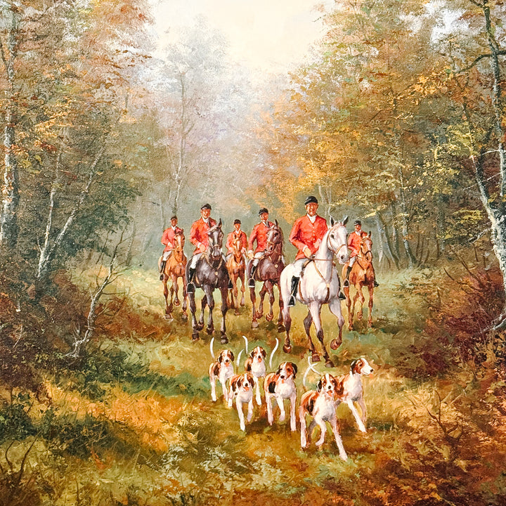 Vintage Large Scale English School Equestrian Fox Hunt Oil Painting in Giltwood Frame, Signed