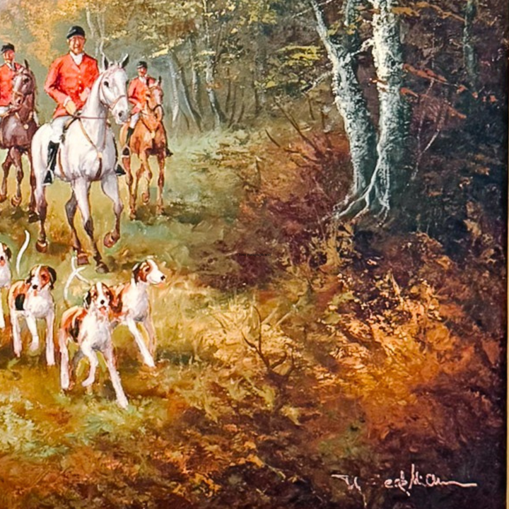 Vintage Large Scale English School Equestrian Fox Hunt Oil Painting in Giltwood Frame, Signed