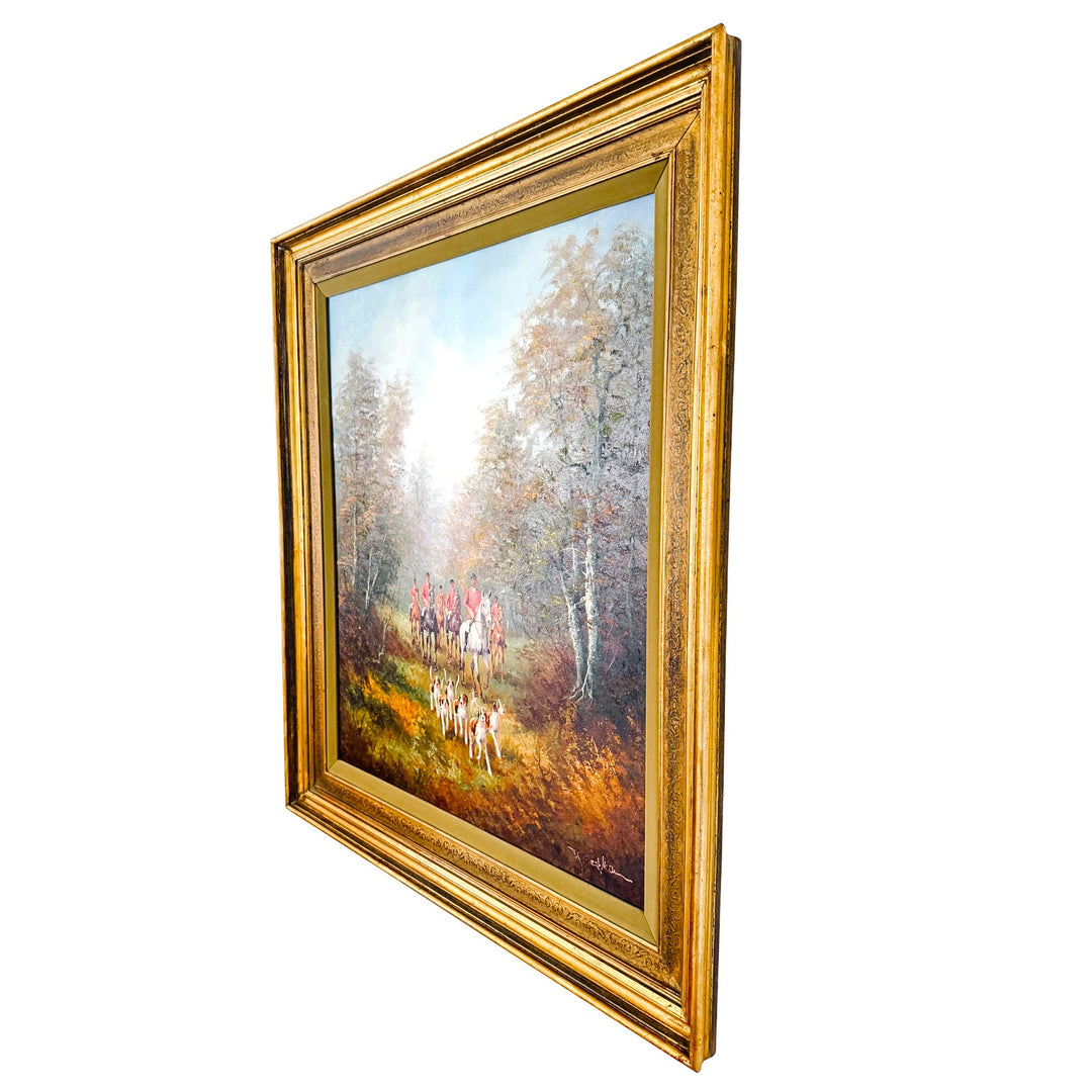 Vintage Large Scale English School Equestrian Fox Hunt Oil Painting in Giltwood Frame, Signed