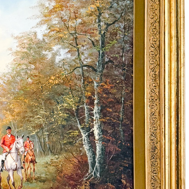 Vintage Large Scale English School Equestrian Fox Hunt Oil Painting in Giltwood Frame, Signed