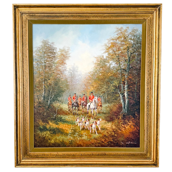 Vintage Large Scale English School Equestrian Fox Hunt Oil Painting in Giltwood Frame, Signed