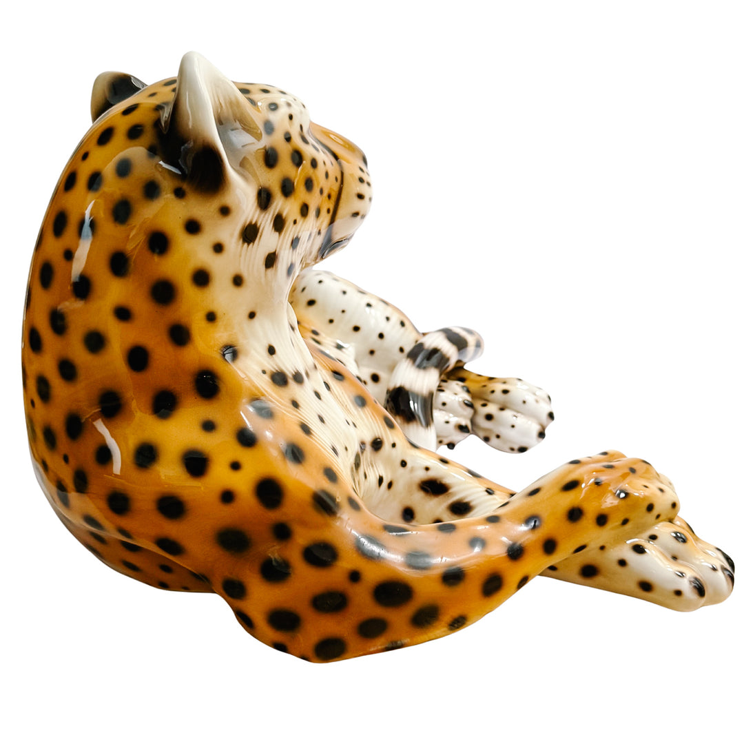 Vintage Large Scale Italian Glazed Porcelain Reclining Leopard Statue