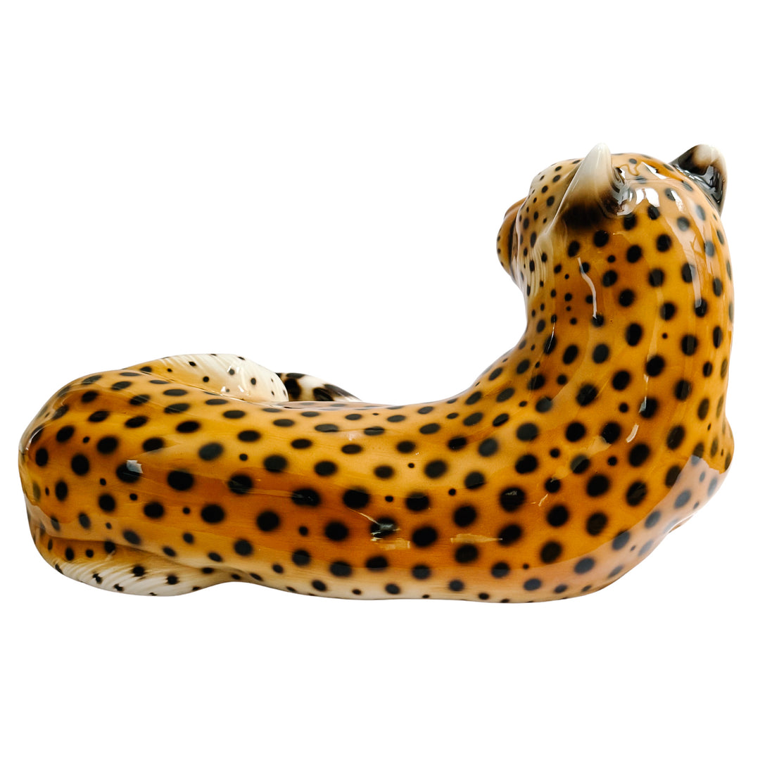 Vintage Large Scale Italian Glazed Porcelain Reclining Leopard Statue