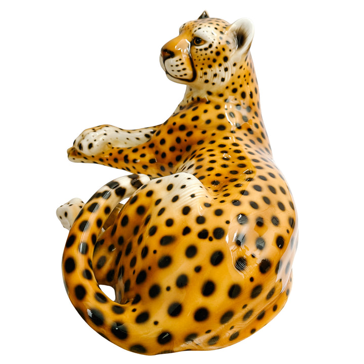 Vintage Large Scale Italian Glazed Porcelain Reclining Leopard Statue