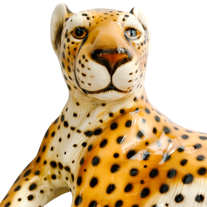 Vintage Large Scale Italian Glazed Porcelain Reclining Leopard Statue