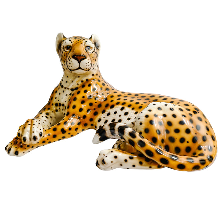 Vintage Large Scale Italian Glazed Porcelain Reclining Leopard Statue