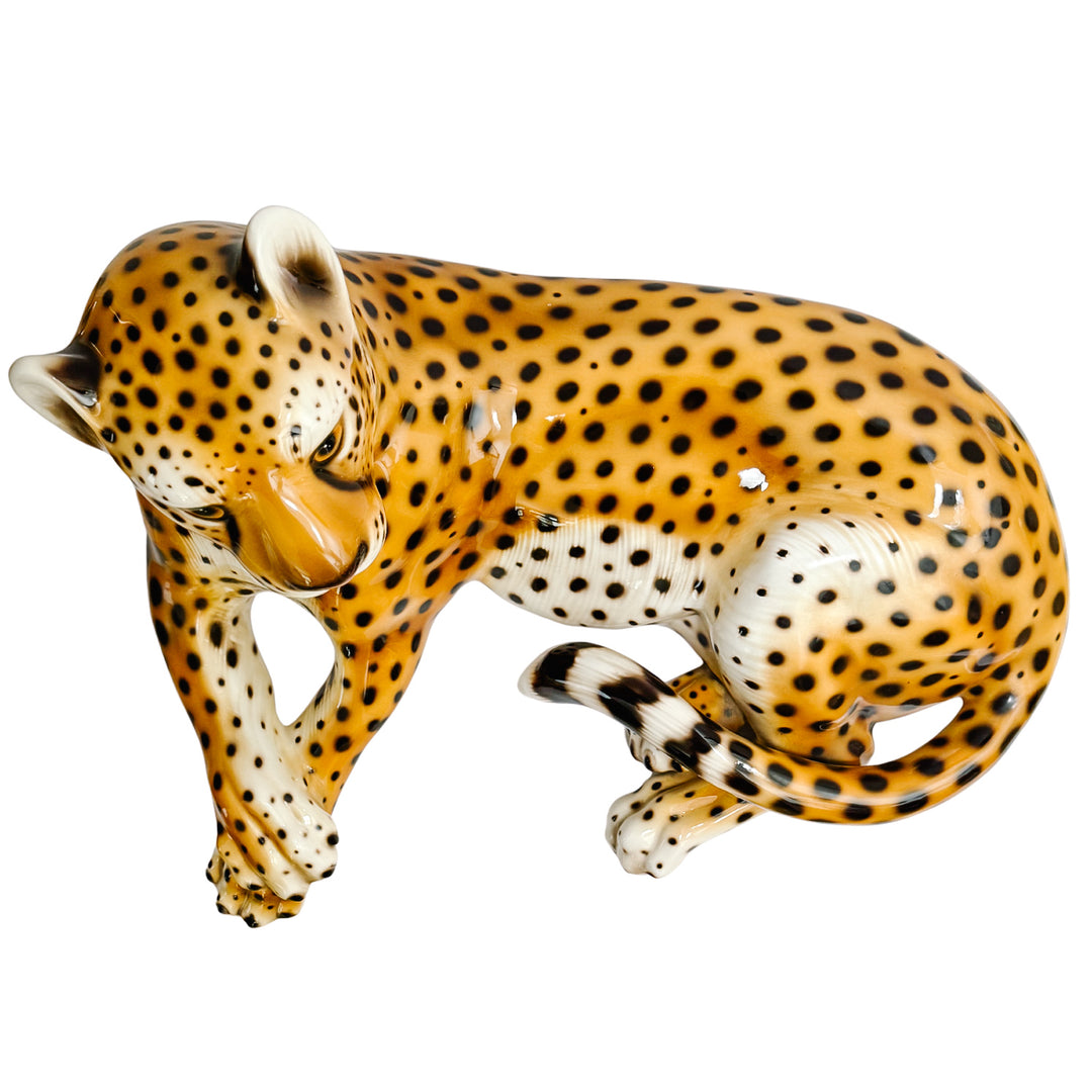 Vintage Large Scale Italian Glazed Porcelain Reclining Leopard Statue