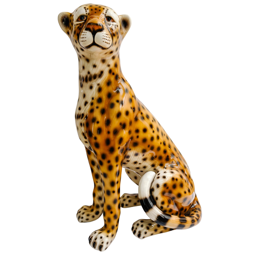 Vintage Large Scale Italian Glazed Porcelain Standing Leopard Statue