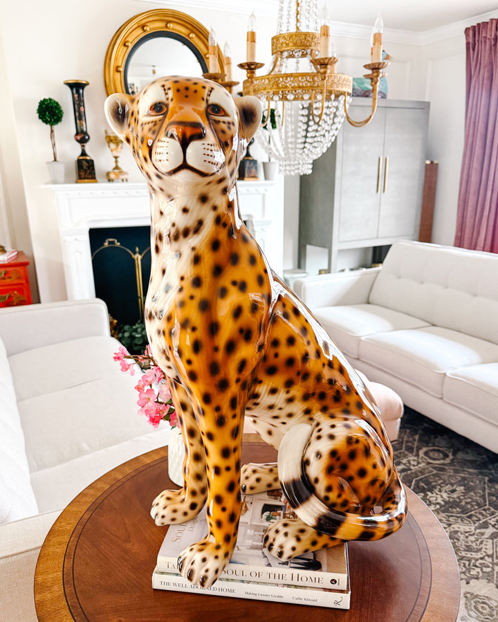Vintage Large Scale Italian Glazed Porcelain Standing Leopard Statue