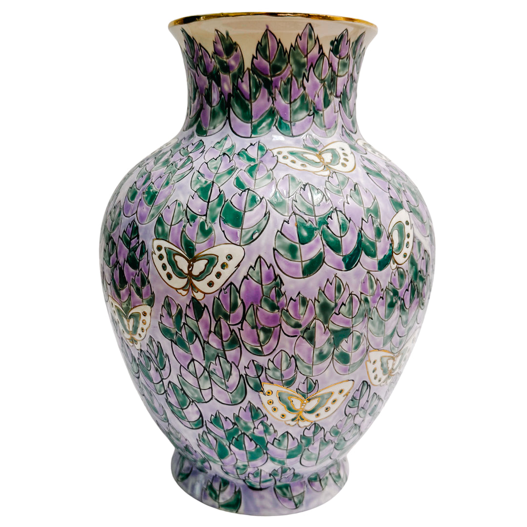 Vintage Lavender & Green Butterflies Flower Vase