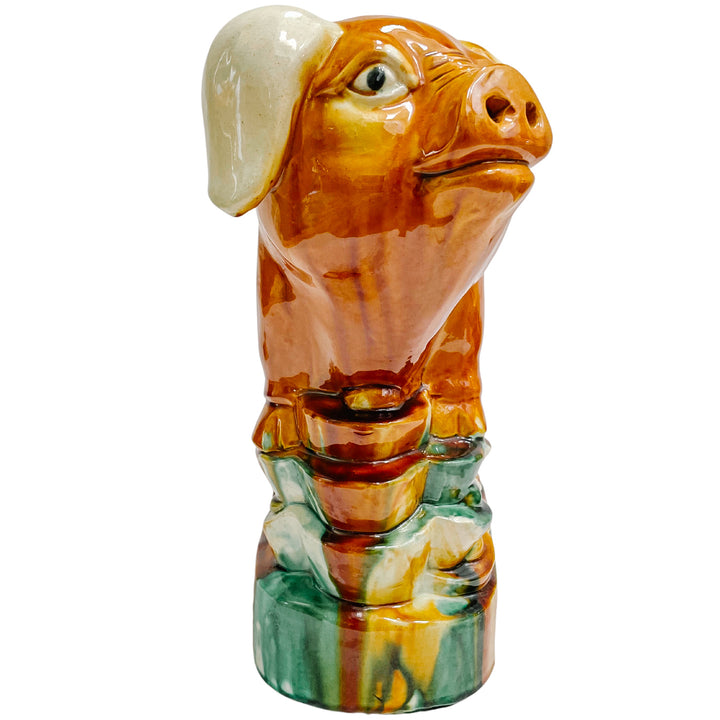 Vintage Majolica Pig On Pedestal Chinese Sancai Tang Style