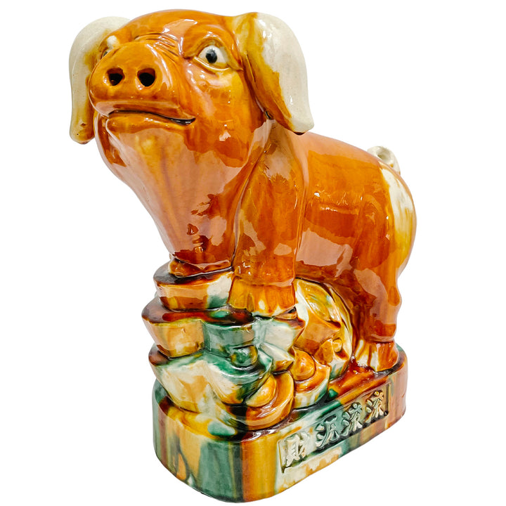 Vintage Majolica Pig On Pedestal Chinese Sancai Tang Style