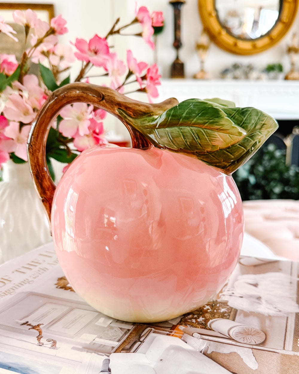 Vintage Majolica Style Peach Ceramic Sculptural Pitcher