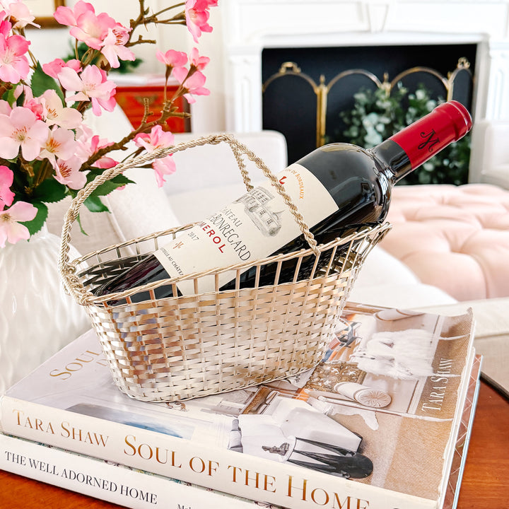 Vintage Midcentury French Woven Silverplate Wine Basket