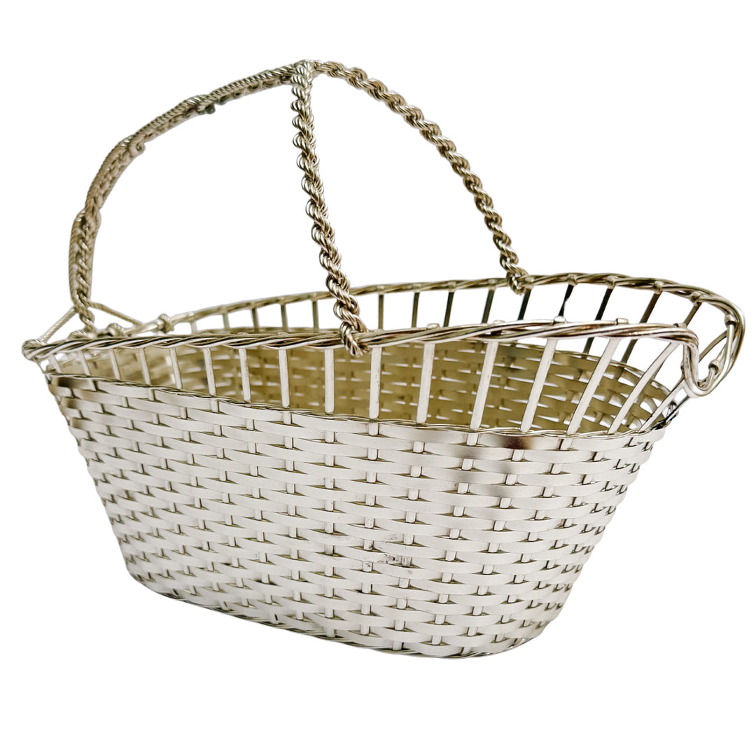 Vintage Midcentury French Woven Silverplate Wine Basket