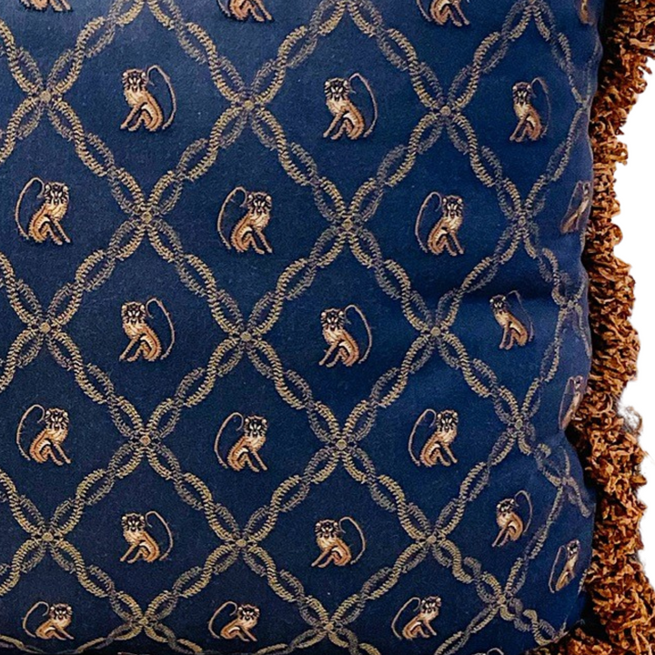 Vintage 24" Navy Blue Chinoiserie Monkeys Pillow