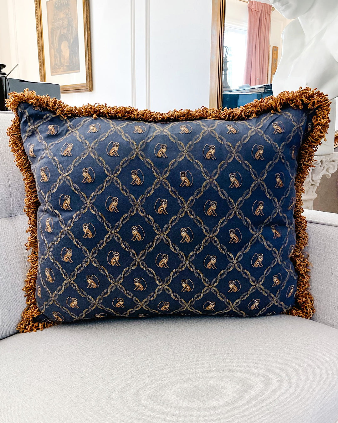 Vintage 24" Navy Blue Chinoiserie Monkeys Pillow