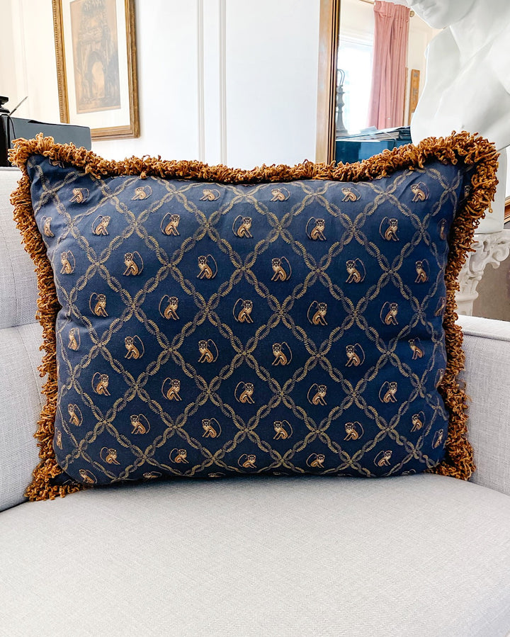 Vintage 24" Navy Blue Chinoiserie Monkeys Pillow