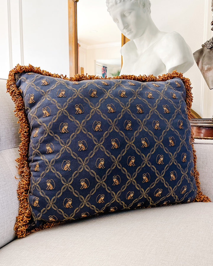 Vintage 24" Navy Blue Chinoiserie Monkeys Pillow