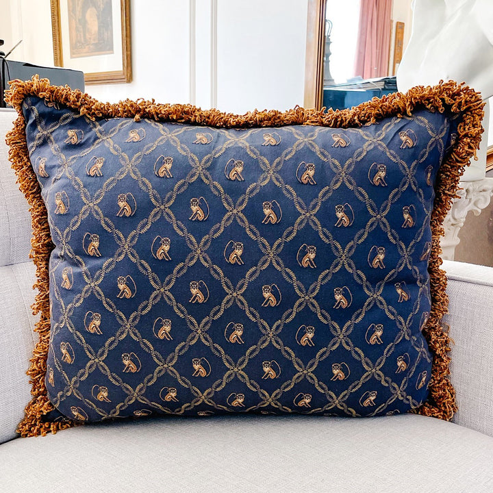 Vintage 24" Navy Blue Chinoiserie Monkeys Pillow