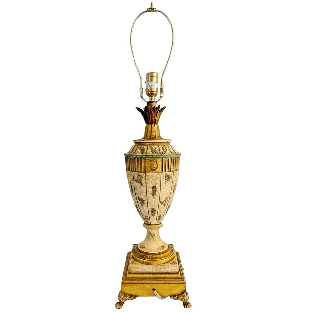 Vintage Neoclassical Crackle Glazed Urn Table Lamps With Medallions