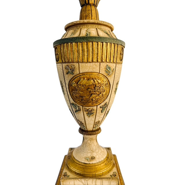 Vintage Neoclassical Crackle Glazed Urn Table Lamps With Medallions