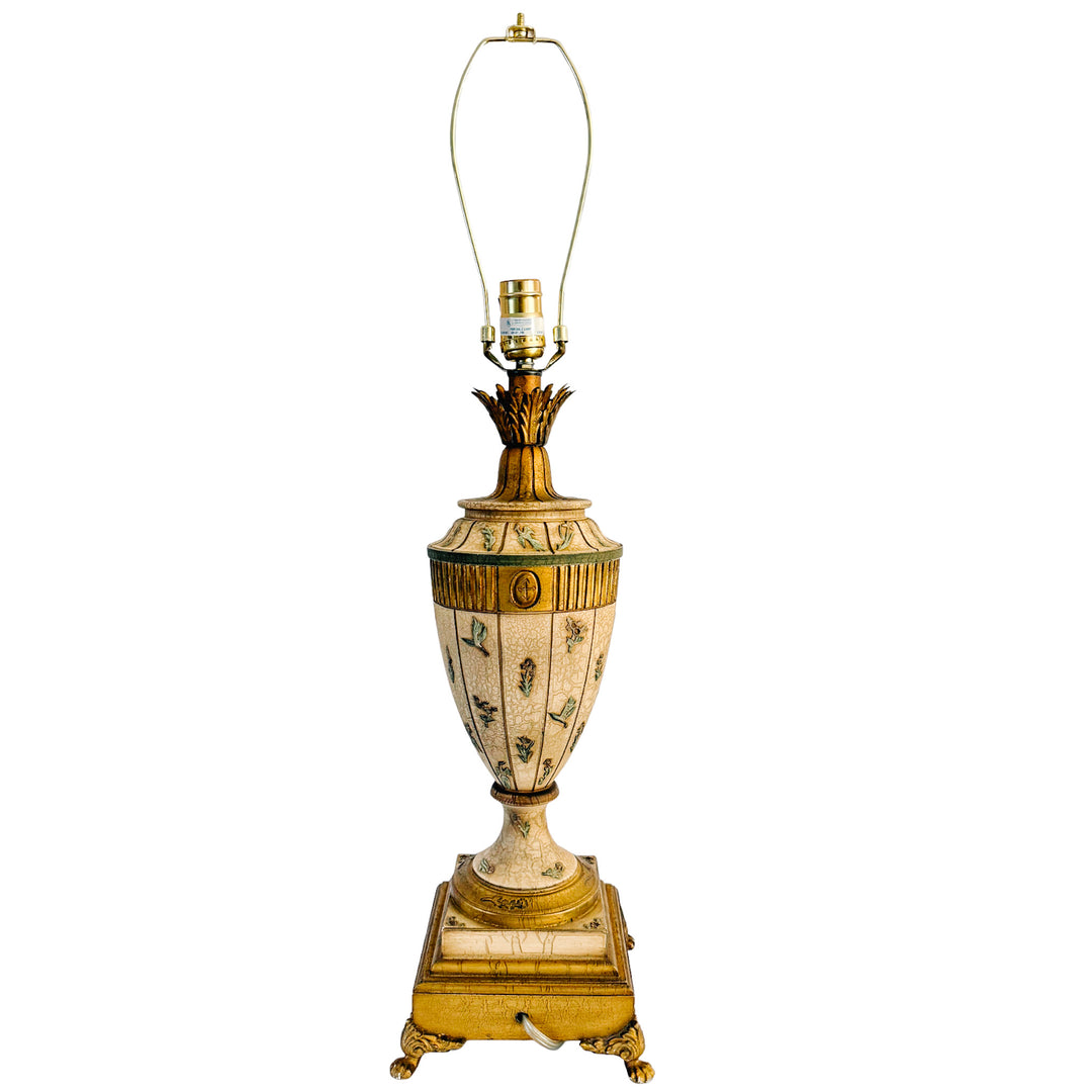 Vintage Neoclassical Crackle Glazed Urn Table Lamps With Medallions