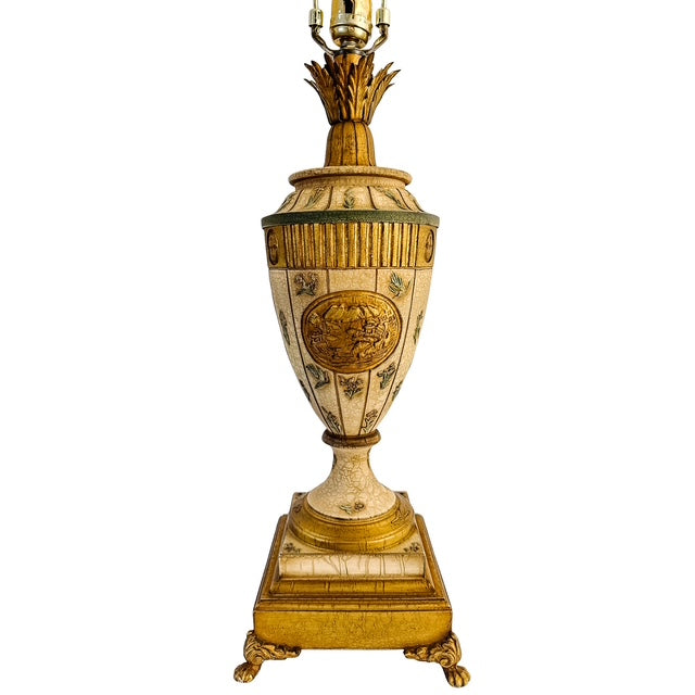 Vintage Neoclassical Crackle Glazed Urn Table Lamps With Medallions