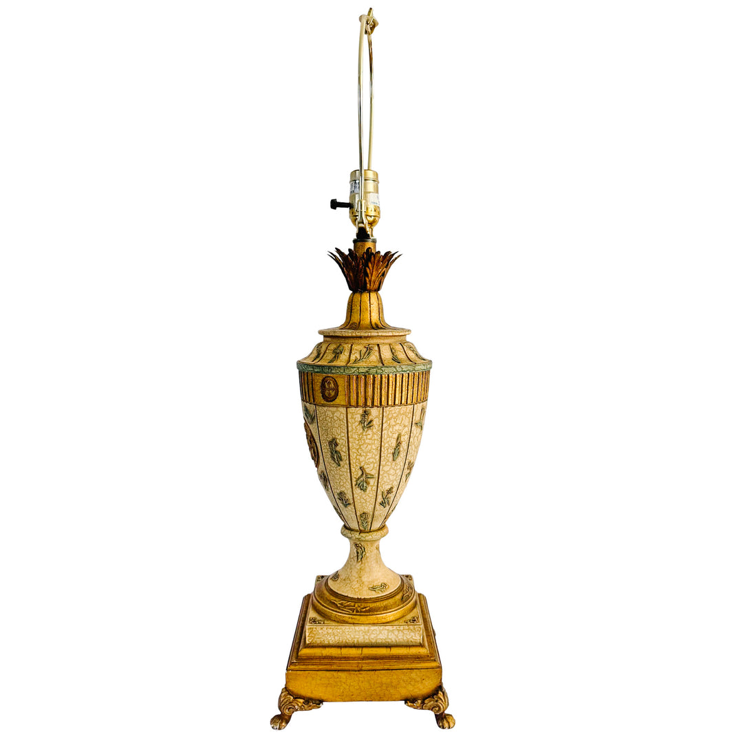 Vintage Neoclassical Crackle Glazed Urn Table Lamps With Medallions