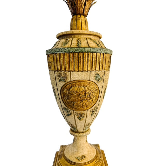 Vintage Neoclassical Crackle Glazed Urn Table Lamps With Medallions