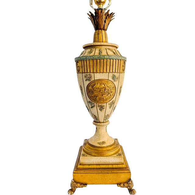 Vintage Neoclassical Crackle Glazed Urn Table Lamps With Medallions