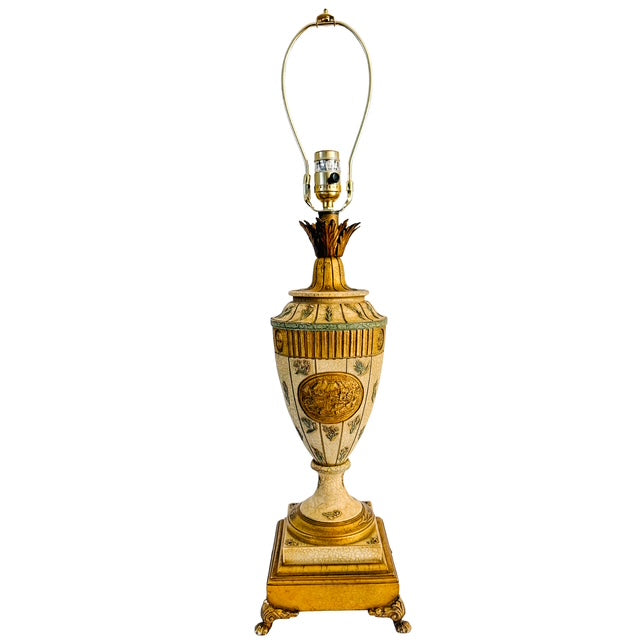 Vintage Neoclassical Crackle Glazed Urn Table Lamps With Medallions