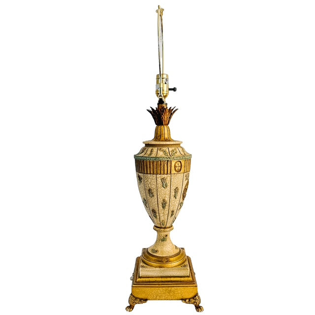Vintage Neoclassical Crackle Glazed Urn Table Lamps With Medallions