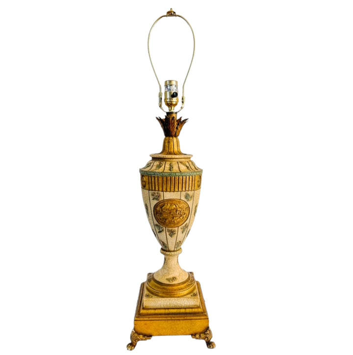 Vintage Neoclassical Crackle Glazed Urn Table Lamps With Medallions