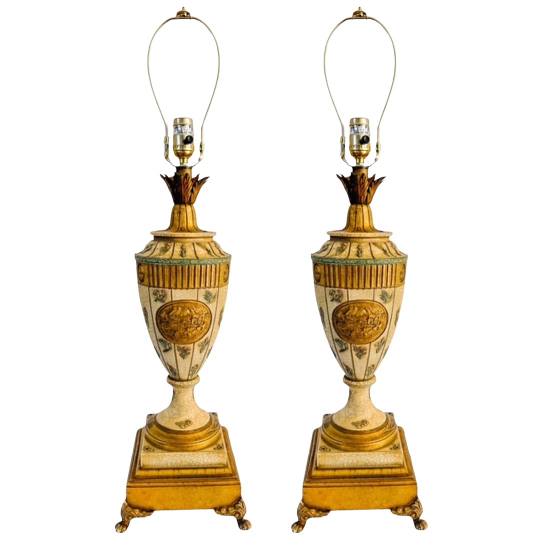 Vintage Neoclassical Crackle Glazed Urn Table Lamps With Medallions