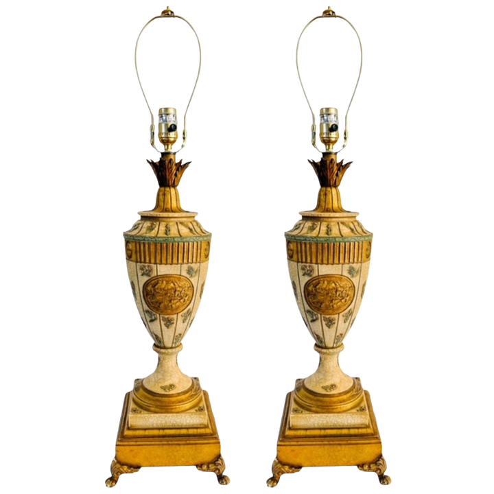 Vintage Neoclassical Crackle Glazed Urn Table Lamps With Medallions