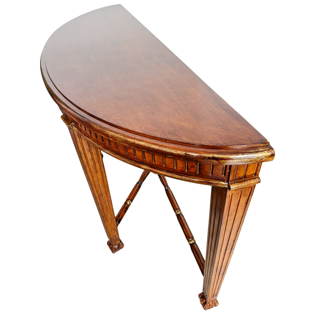 Vintage Neoclassical Fluted Demilune Console Table With Pineapple Finial Stretcher