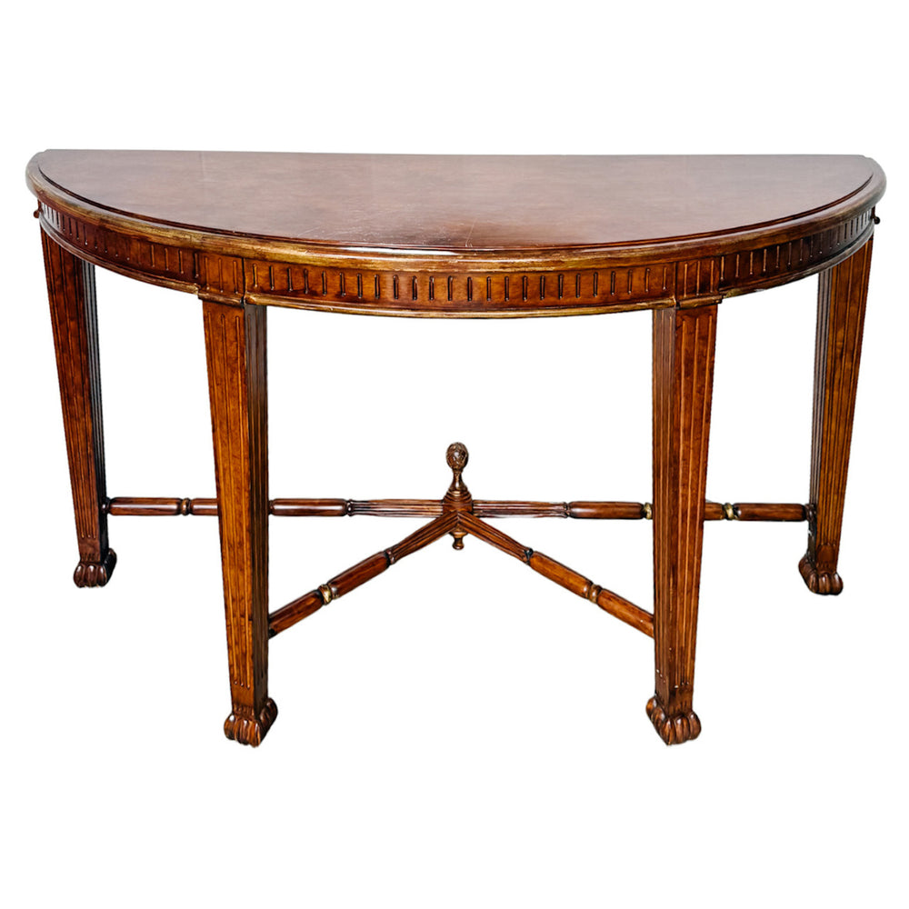 Vintage Neoclassical Fluted Demilune Console Table With Pineapple Finial Stretcher