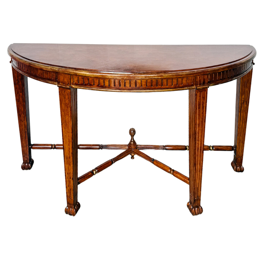 Vintage Neoclassical Fluted Demilune Console Table With Pineapple Finial Stretcher