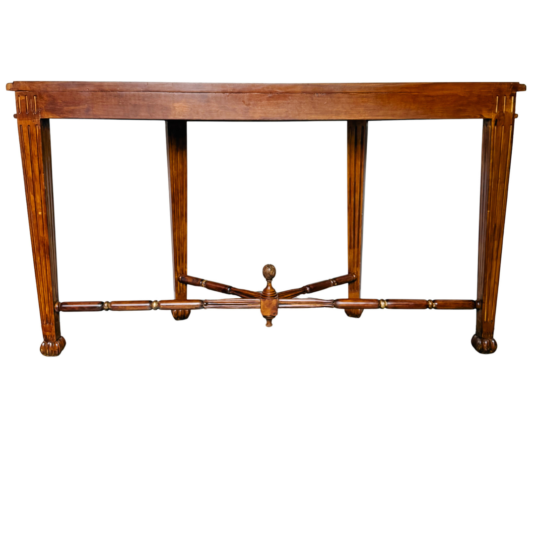 Vintage Neoclassical Fluted Demilune Console Table With Pineapple Finial Stretcher