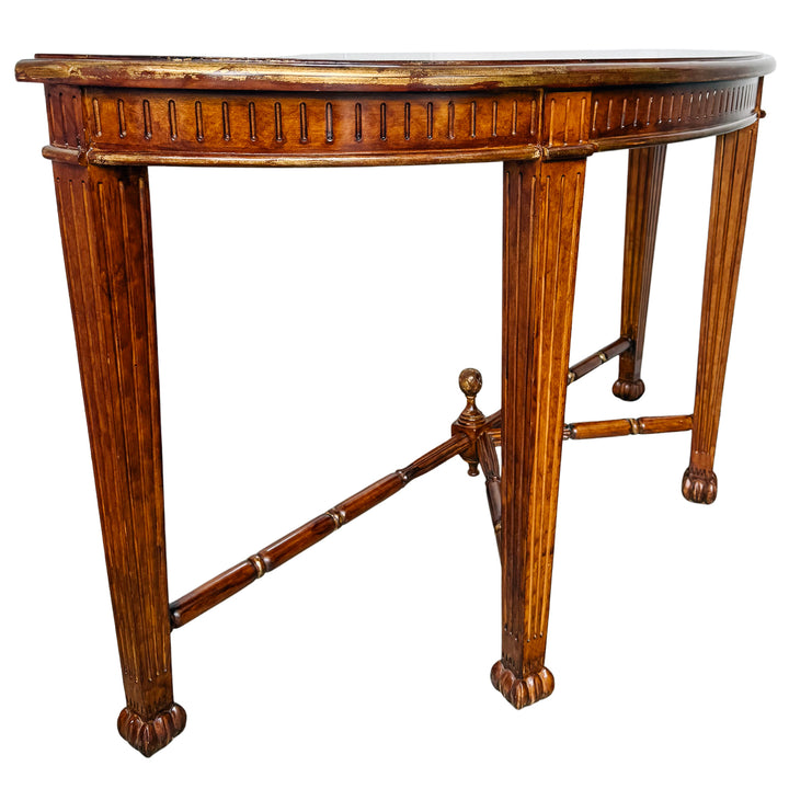 Vintage Neoclassical Fluted Demilune Console Table With Pineapple Finial Stretcher