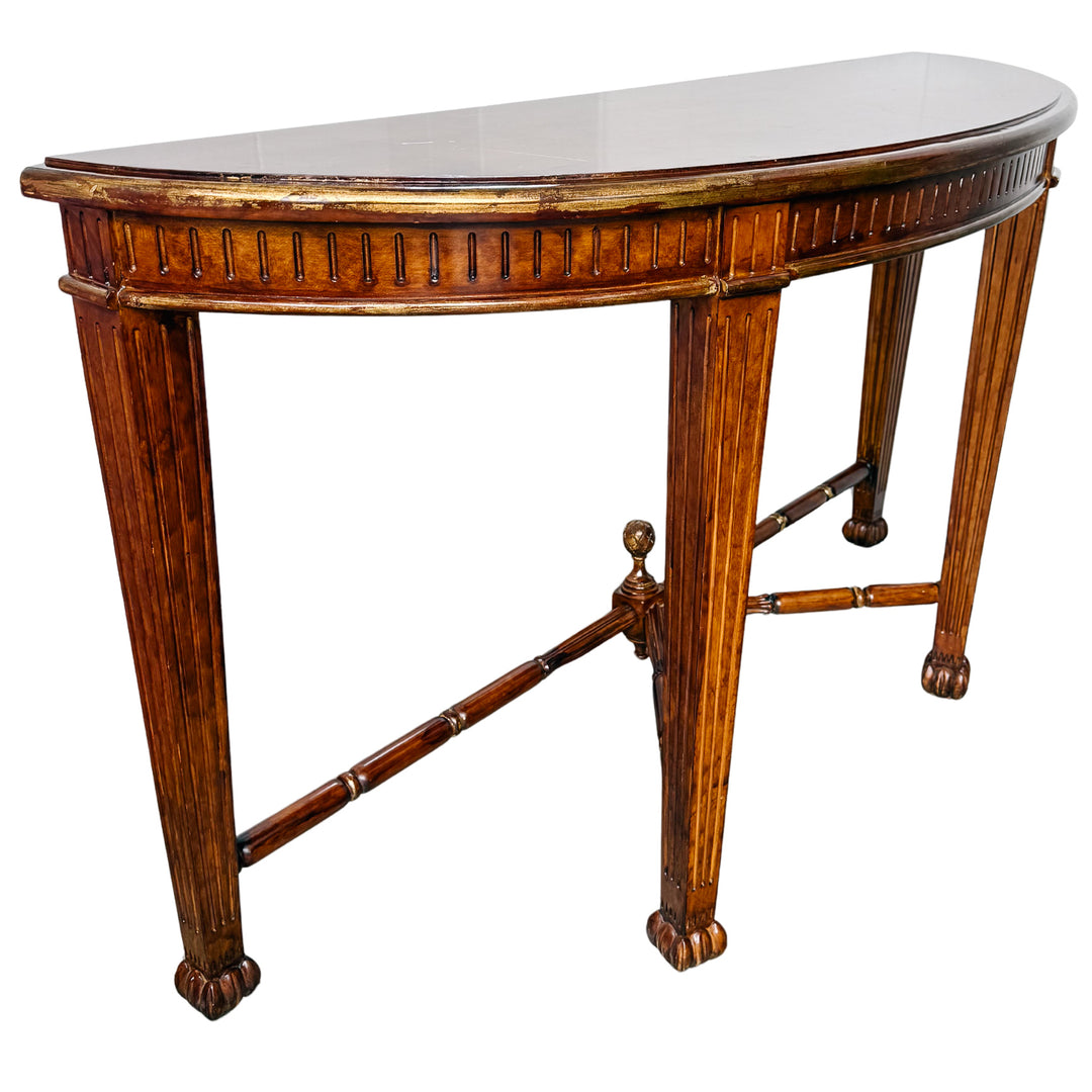 Vintage Neoclassical Fluted Demilune Console Table With Pineapple Finial Stretcher