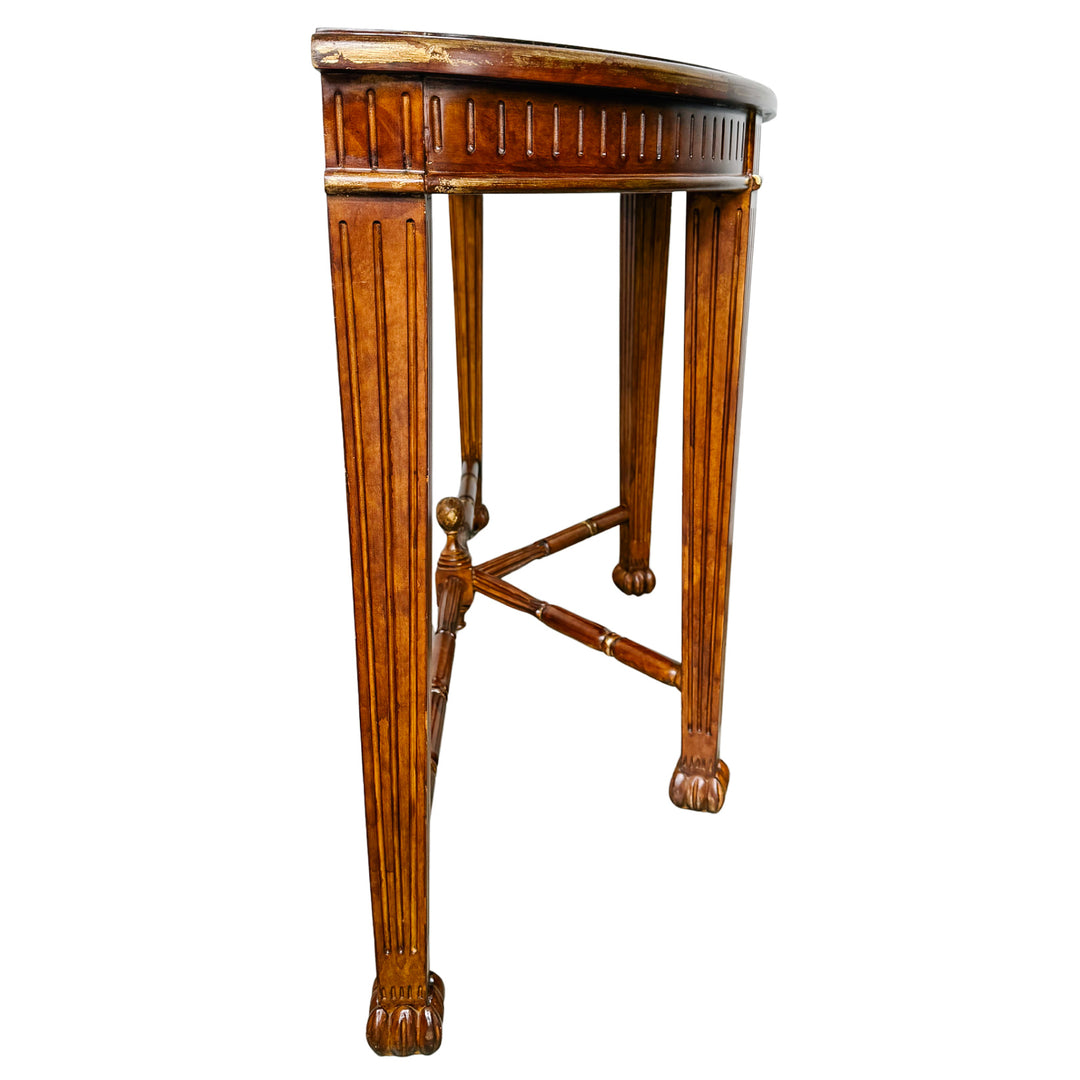 Vintage Neoclassical Fluted Demilune Console Table With Pineapple Finial Stretcher