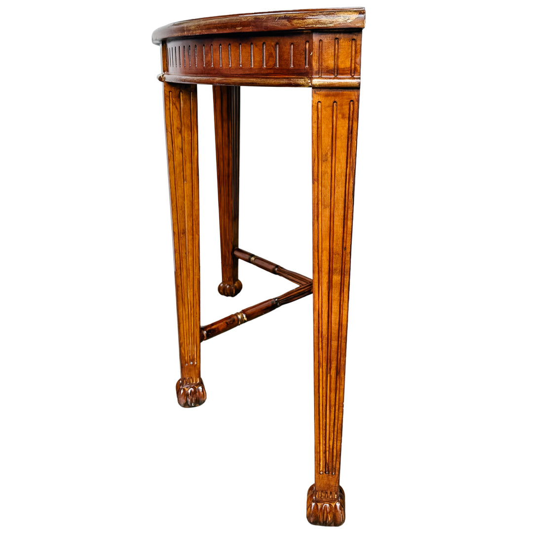 Vintage Neoclassical Fluted Demilune Console Table With Pineapple Finial Stretcher