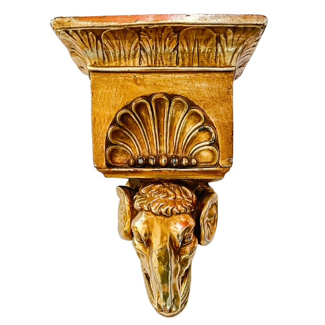Vintage Neoclassical Gold Gilt Ram Head Wall Bracket Shelf & Corbel Wall Pocket Planter