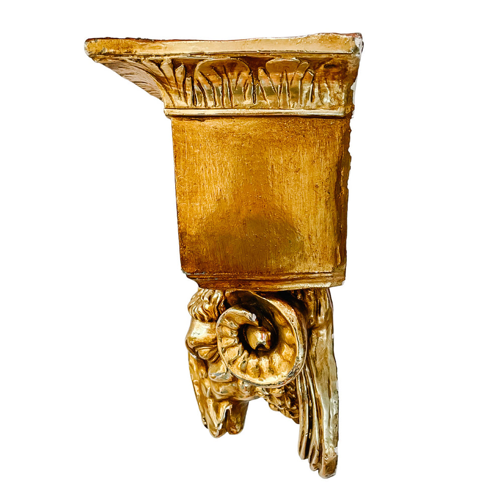 Vintage Neoclassical Gold Gilt Ram Head Wall Bracket Shelf & Corbel Wall Pocket Planter