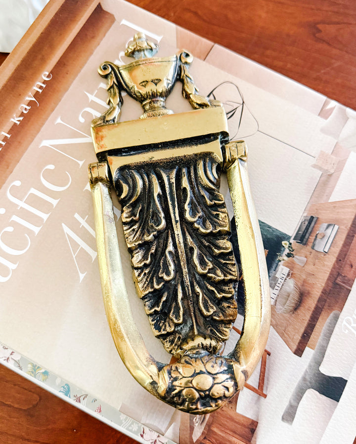 Vintage Neoclassical Solid Brass Urn & Acanthus Leaf Door Knocker