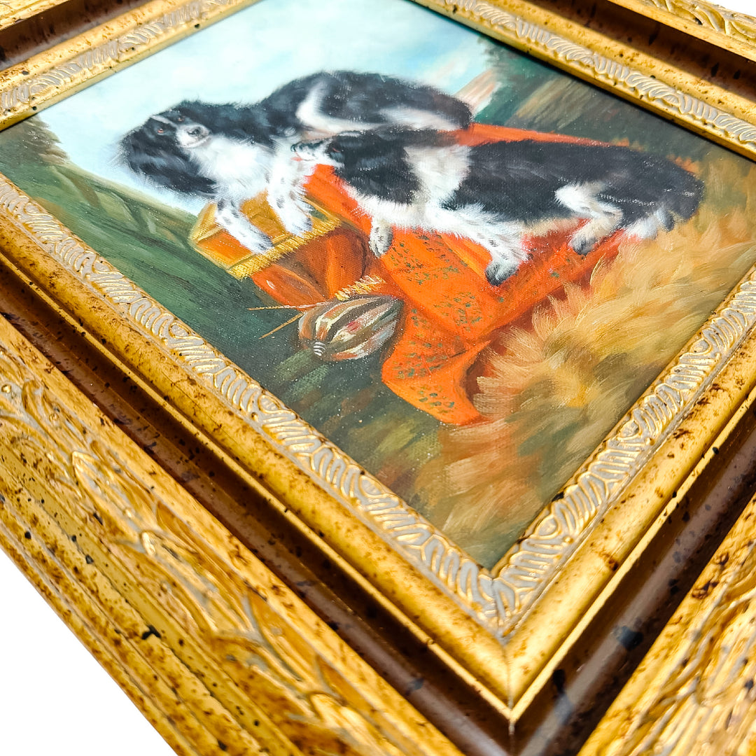 Vintage Oil Painting on Board of King Charles Spaniels After Richard Ansdell