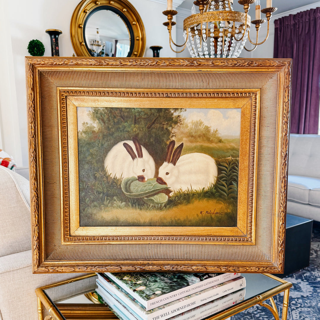 Late 20th C. Oil on Canvas Painting of Himalayan Bunny Rabbits, Signed