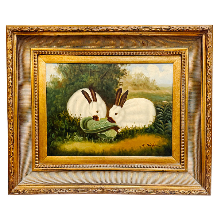 Late 20th C. Oil on Canvas Painting of Himalayan Bunny Rabbits, Signed